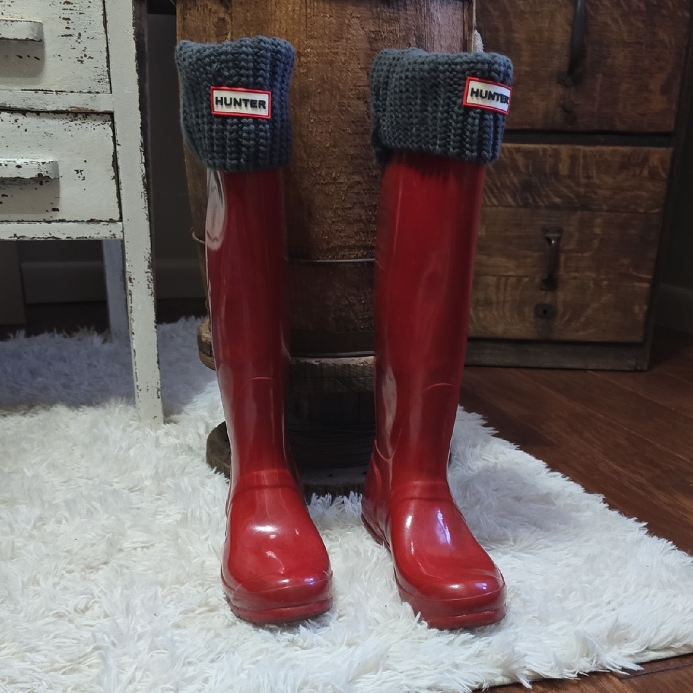 Hunter Glossy Red Boots with Dark Gray Cuffs
